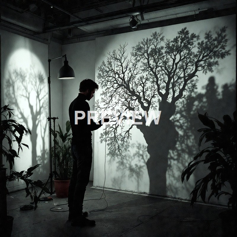 A person standing in front of a wall with a shadow of a large, detailed tree cast on it, while working with a device in hand, creating an artistic shadow art scene.